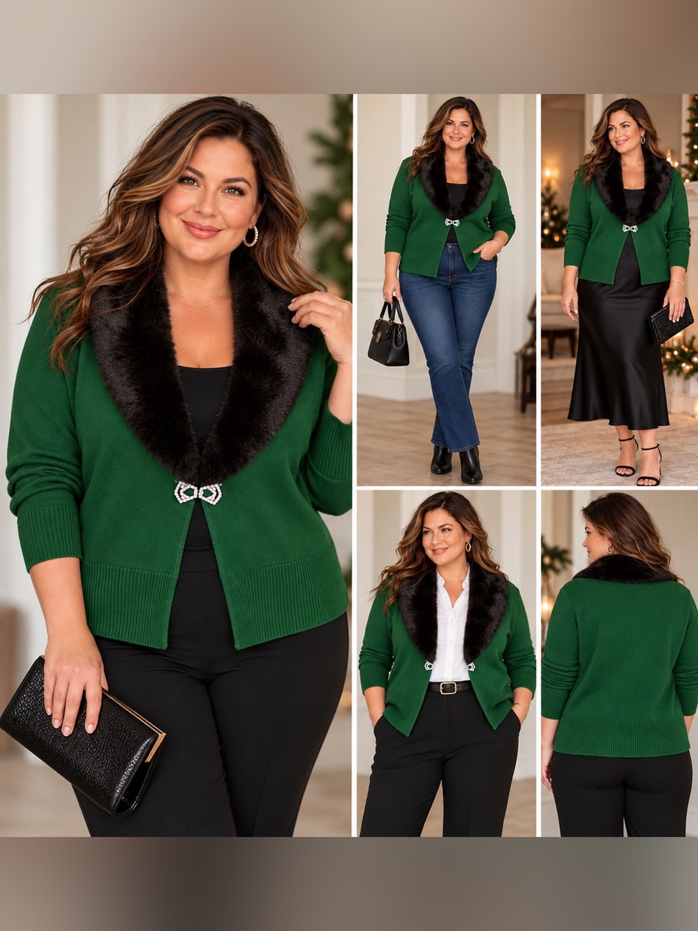 Luxurious Green Knit Cardigan with Faux Fur Collar by R.Q.T. Women’s XL Holiday